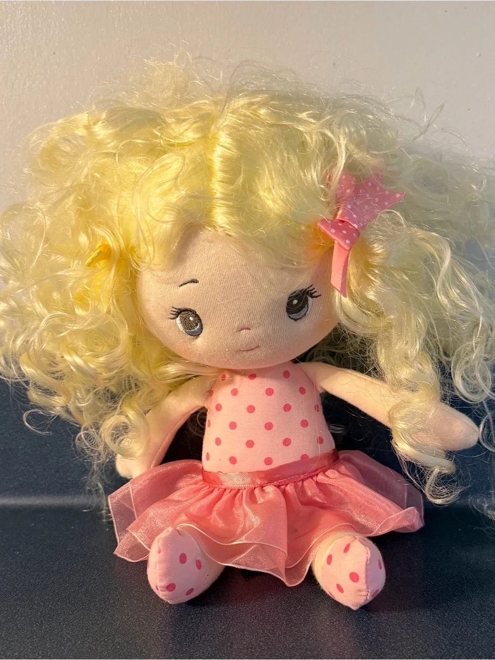 Aurora Plush Doll Blonde Curly Hair Pink Polka Dot Dress Small 10” 2015